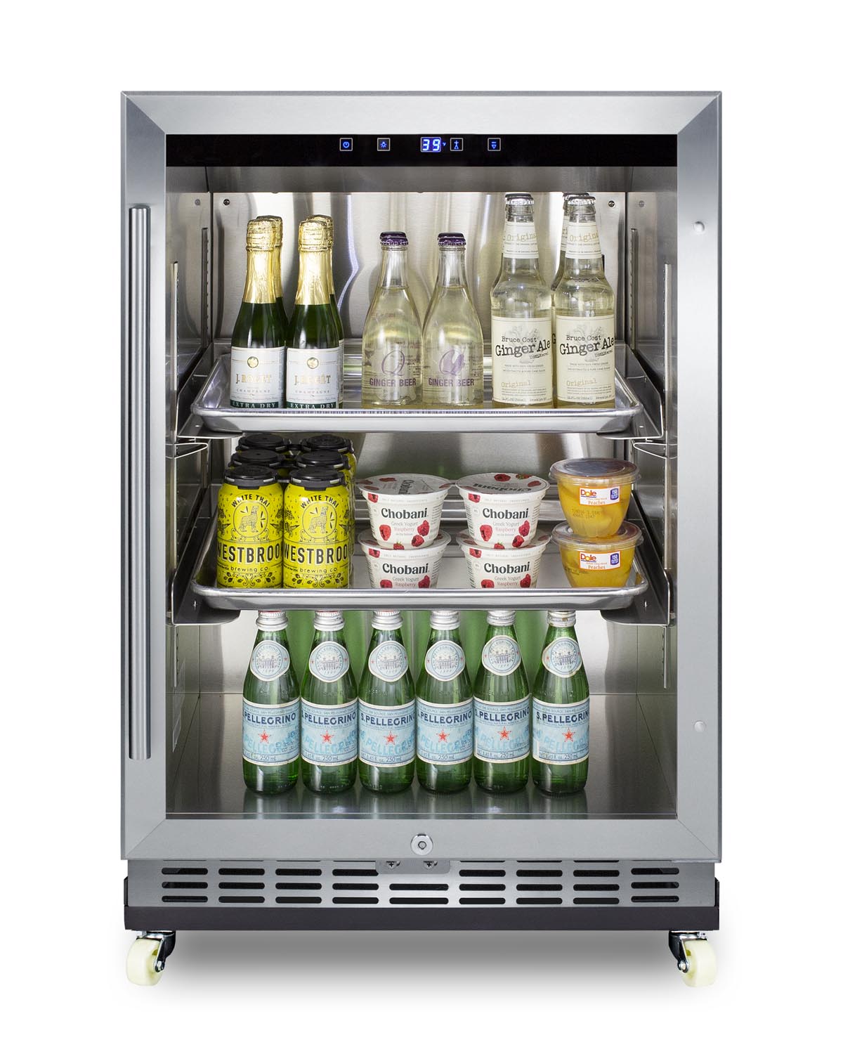 Outdoor mini reach-in commercial glass door beverage center designed for the display and refrigeration of beverages and sealed food, with a stainless steel interior and exterior cabinet, sheet pans and adjustable tray supports, chrome shelves, front lock, and removable dolly